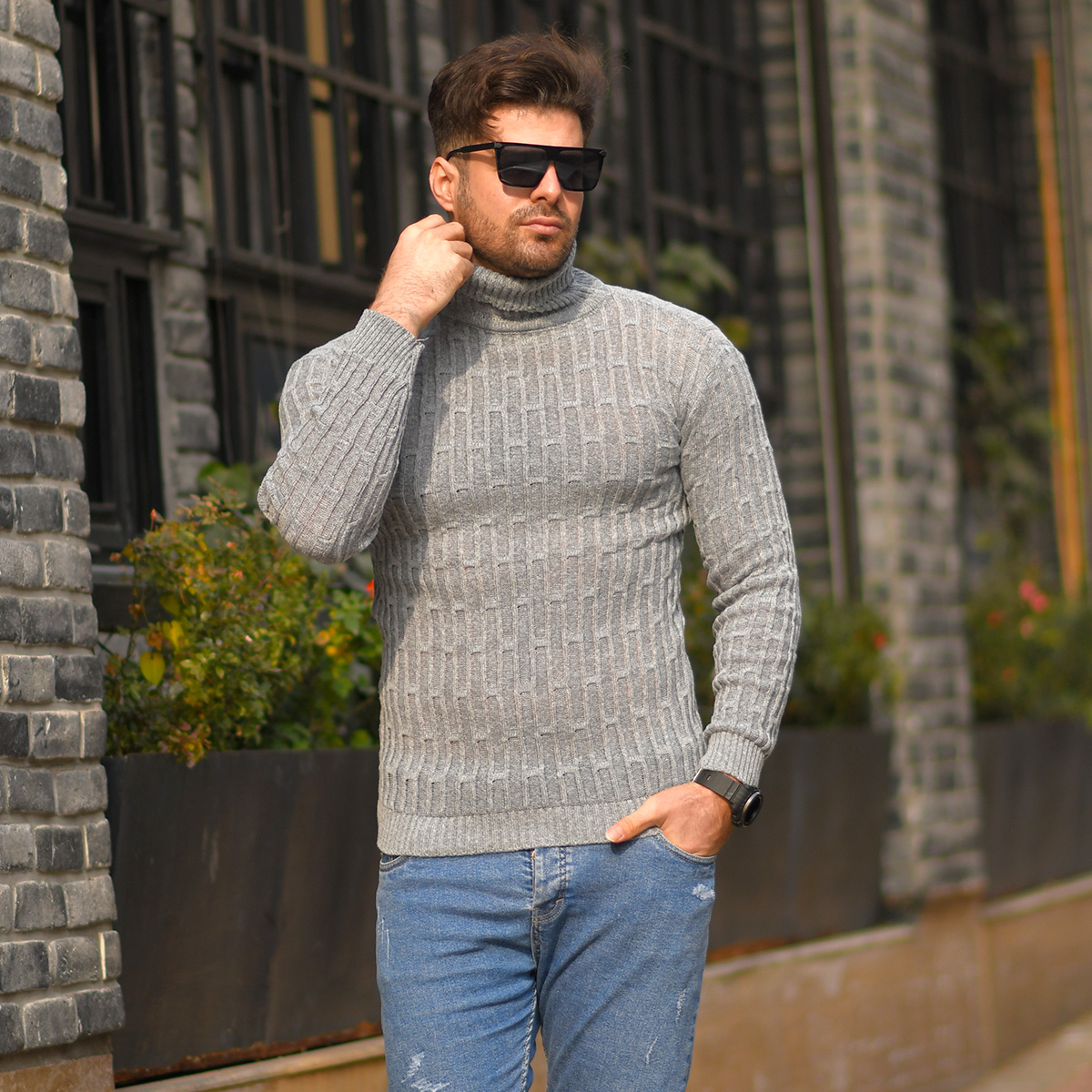 پلیوربافت یقه اسکی طوسی مردانه مدلSonar