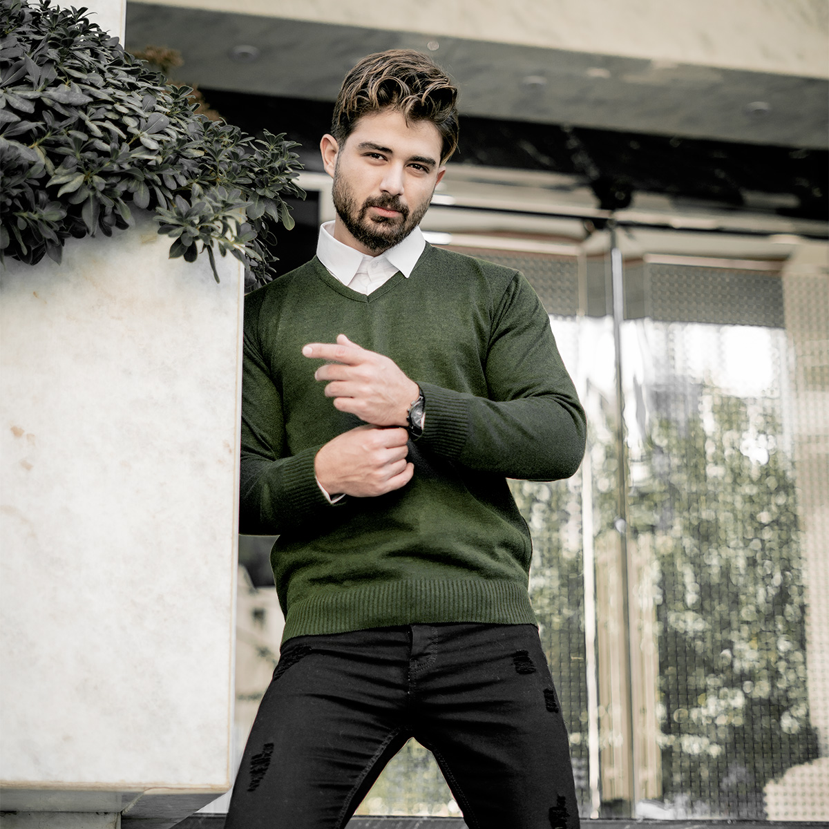 پلیوربافت یقه هفت سبز مردانه مدلETM