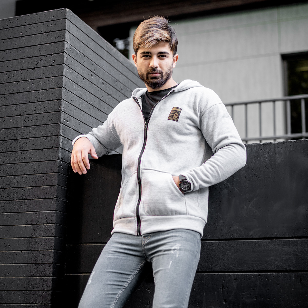 سوییشرت طوسی روشن زیپ دار مردانه مدلA2021