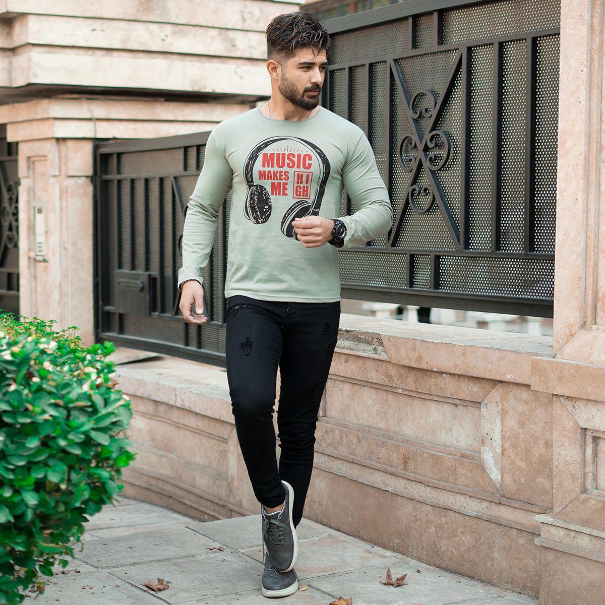 تیشرت آستین بلند مردانه طرح هدست سبز مدل O22