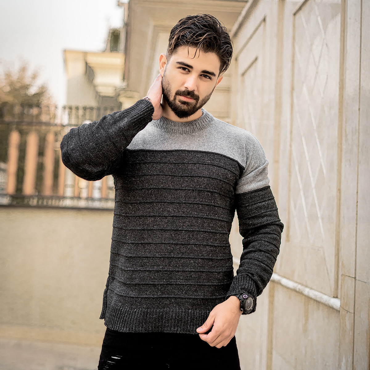 پلیور راه راه طوسی ذغالی مردانه مدلloman