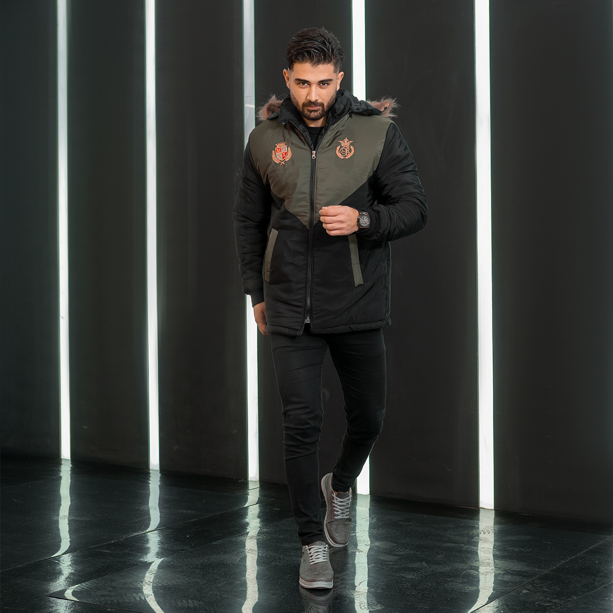 کاپشن مردانه مشکی سبز مدل Arin