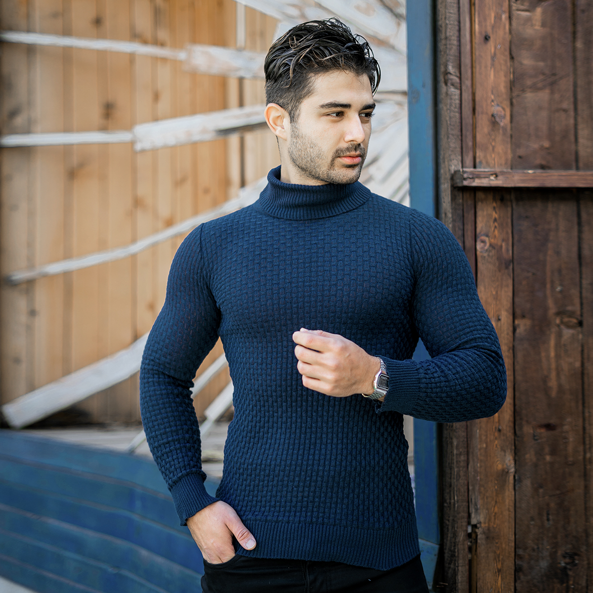 پلیور یقه اسکی مردانه سرمه ای مدل Oktav