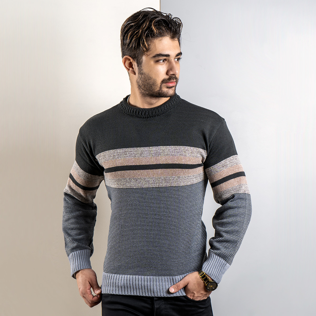 پلیور راه راه مشکی کرم(T) مردانه مدل yalan