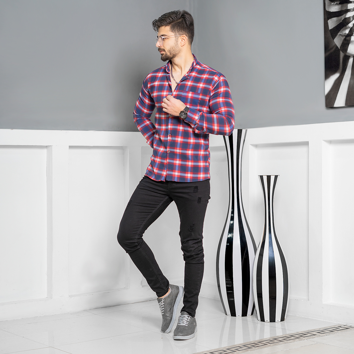 پیراهن مردانه چهارخونه سرمه ای قرمز مدل Tivon