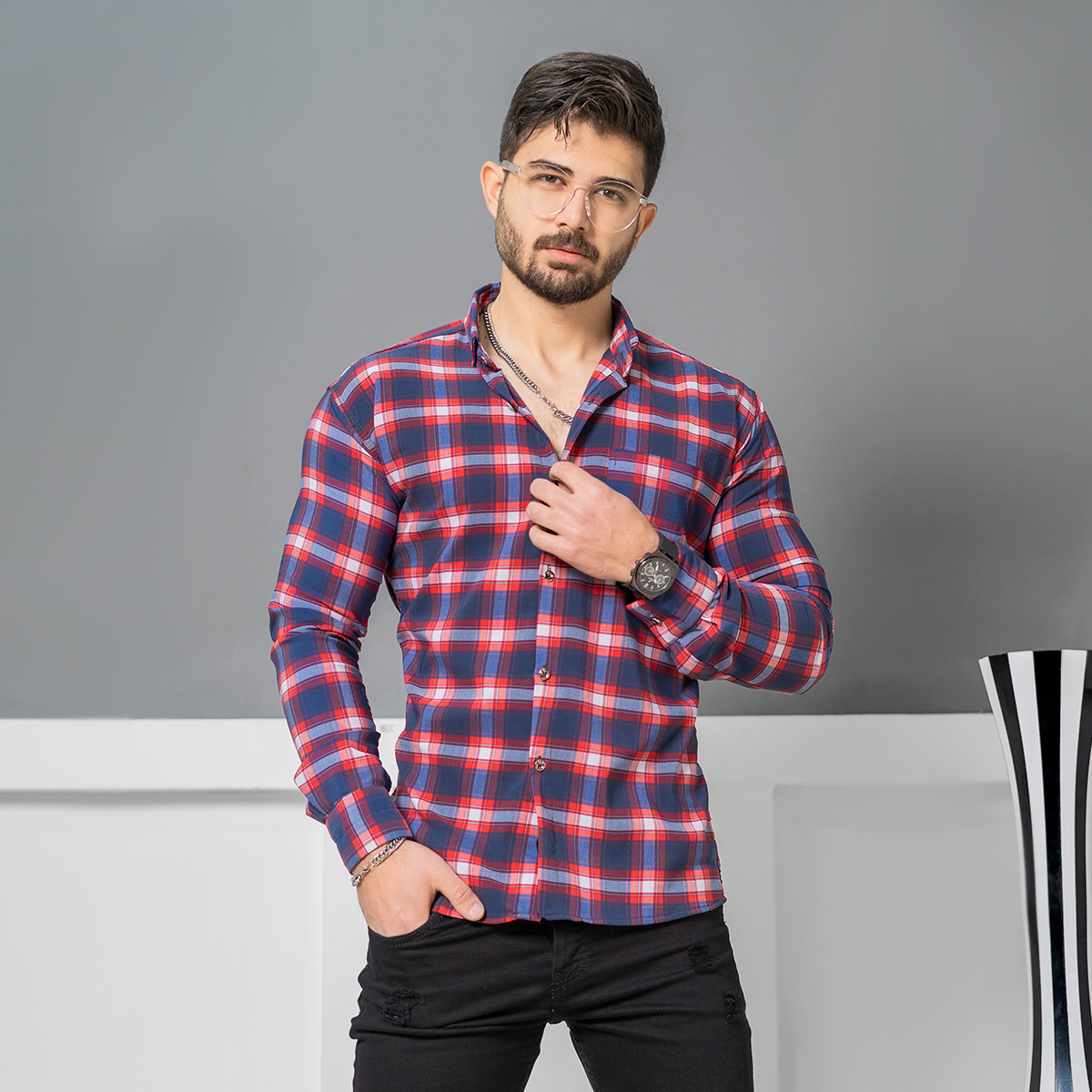 پیراهن مردانه چهارخونه سرمه ای قرمز مدل Tivon