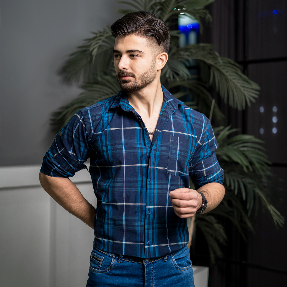 پیراهن مردانه چهارخونه سرمه ای آبی مدل stok