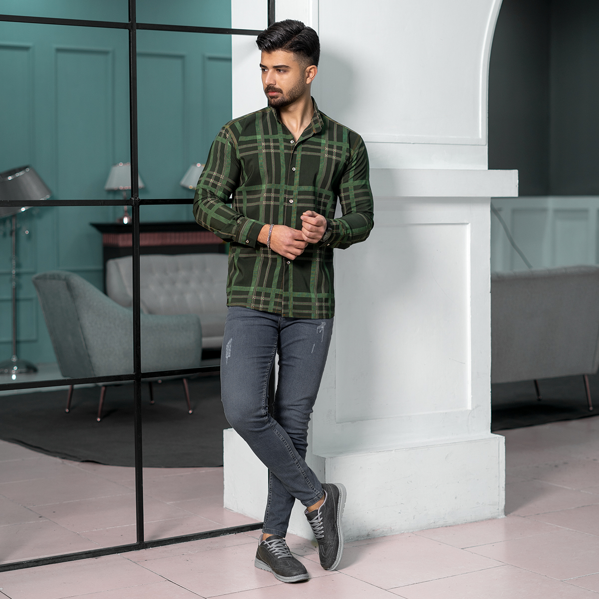 پیراهن مردانه چهارخونه سبز مدلexo