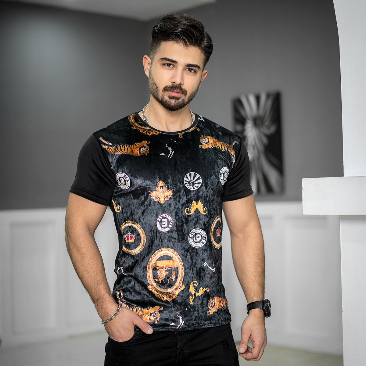 تیشرت مخمل مردانه طرح ببر مدلKami