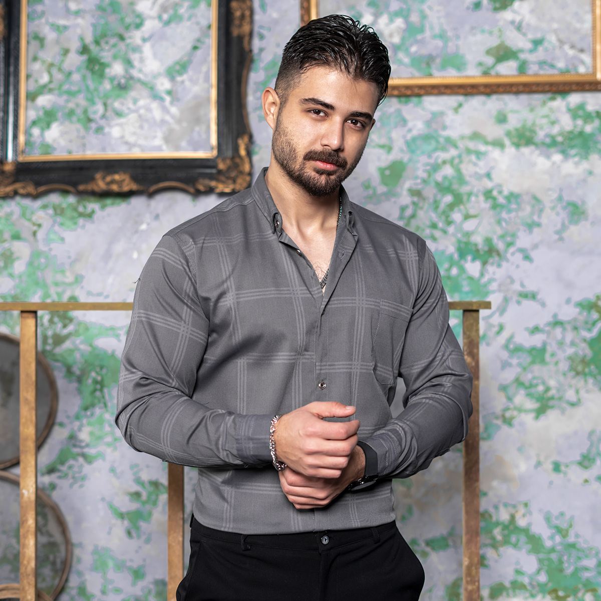 پیراهن مردانه چهارخونه طوسی مدل Ravin