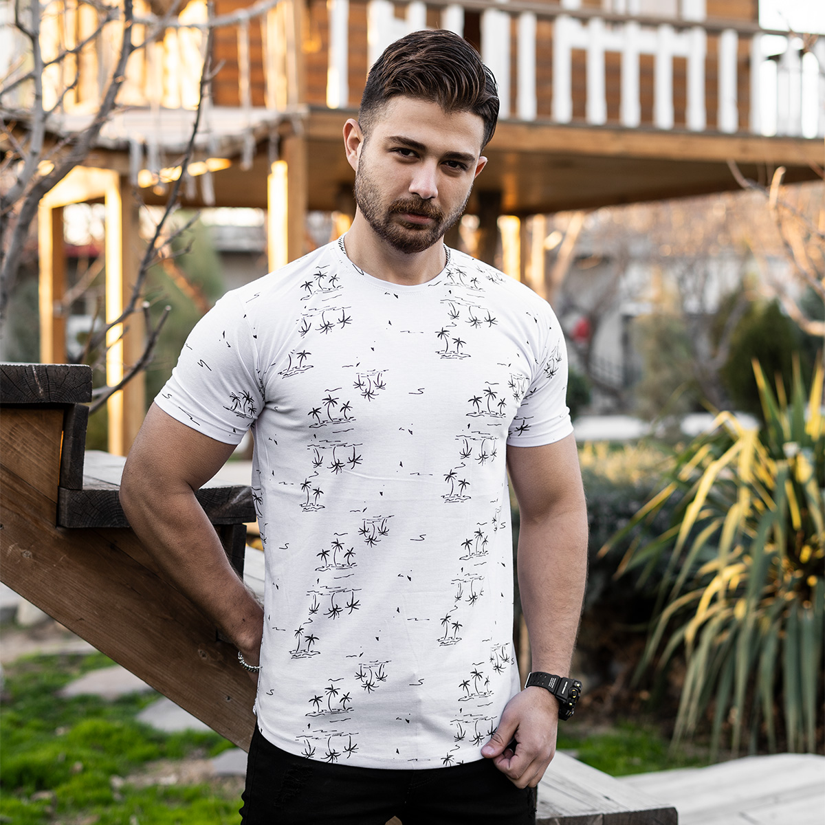 تیشرت هاوایی سفید مردانه مدل E99