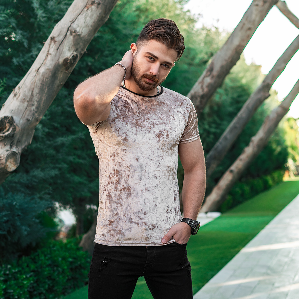 تیشرت مخمل کرم مردانه مدل Dior