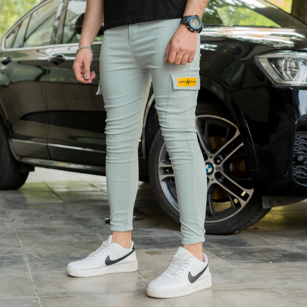 شلوار اسلش بنددار سبز کمرنگ چهارجیب مدل 68