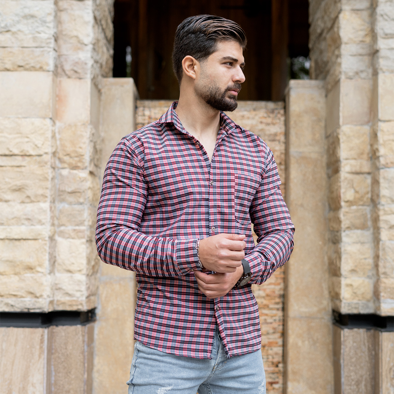 پیراهن مردانه(T) چهار خونه ریز قرمز مدل T78