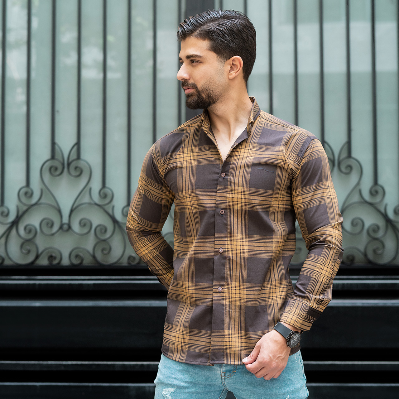 پیراهن مردانه(T)چهار خونه قهوه ای روشن مدلzava