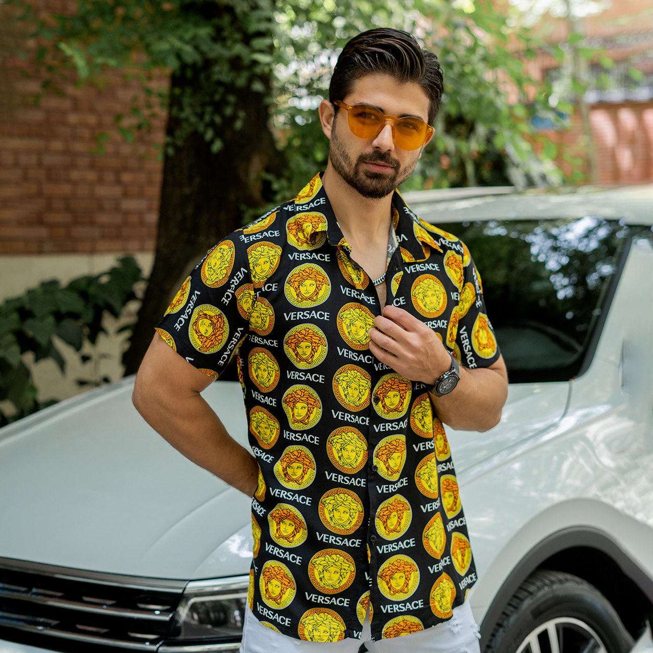 پیراهن هاوایی مردانه ورساچه زرد مدل P13