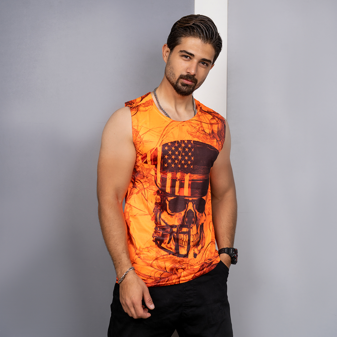 رکابی (T) نارنجی طرح جمجمه مردانه مدل S85