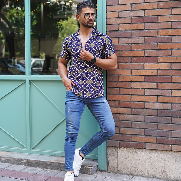 پیراهن هاوایی مردانه طرح پرانتز سرمه ای مدلE92