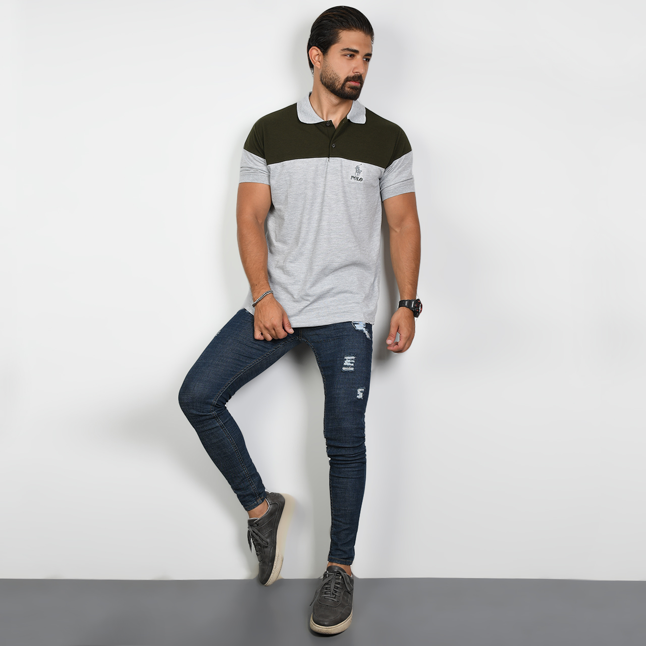 تیشرت مردانه POLO طوسی- سبز مردانه Mazyar