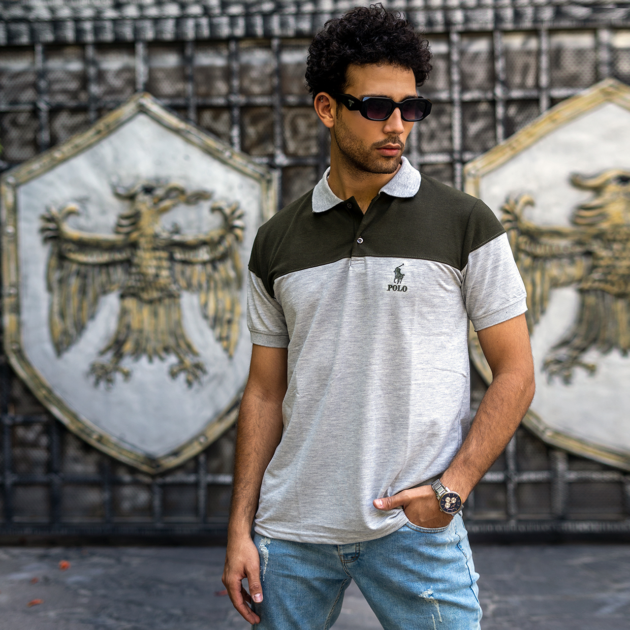 تیشرت مردانه POLO طوسی- سبز مردانه Mazyar