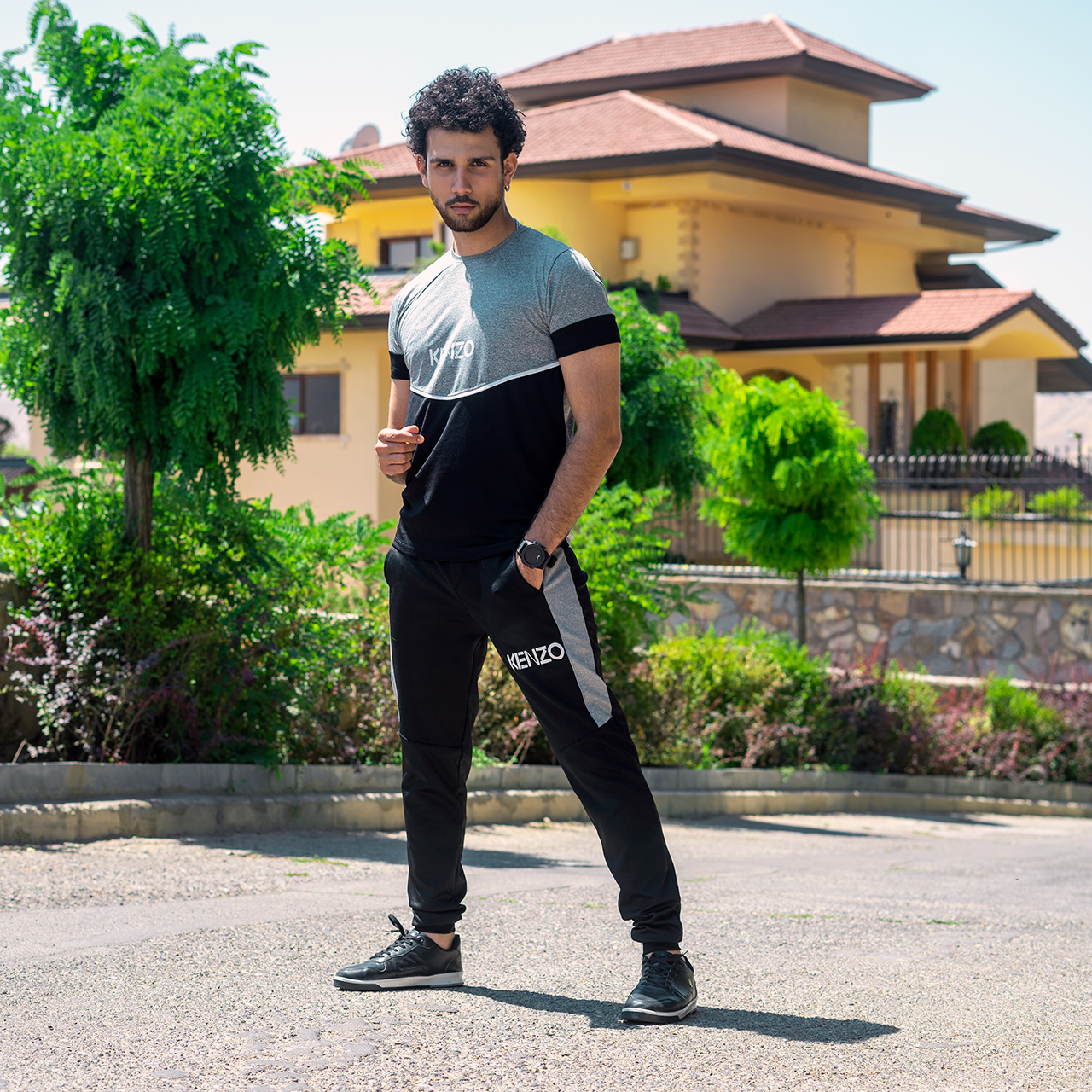 ست تیشرت شلوار مردانه طوسی مشکی مدل kenzo