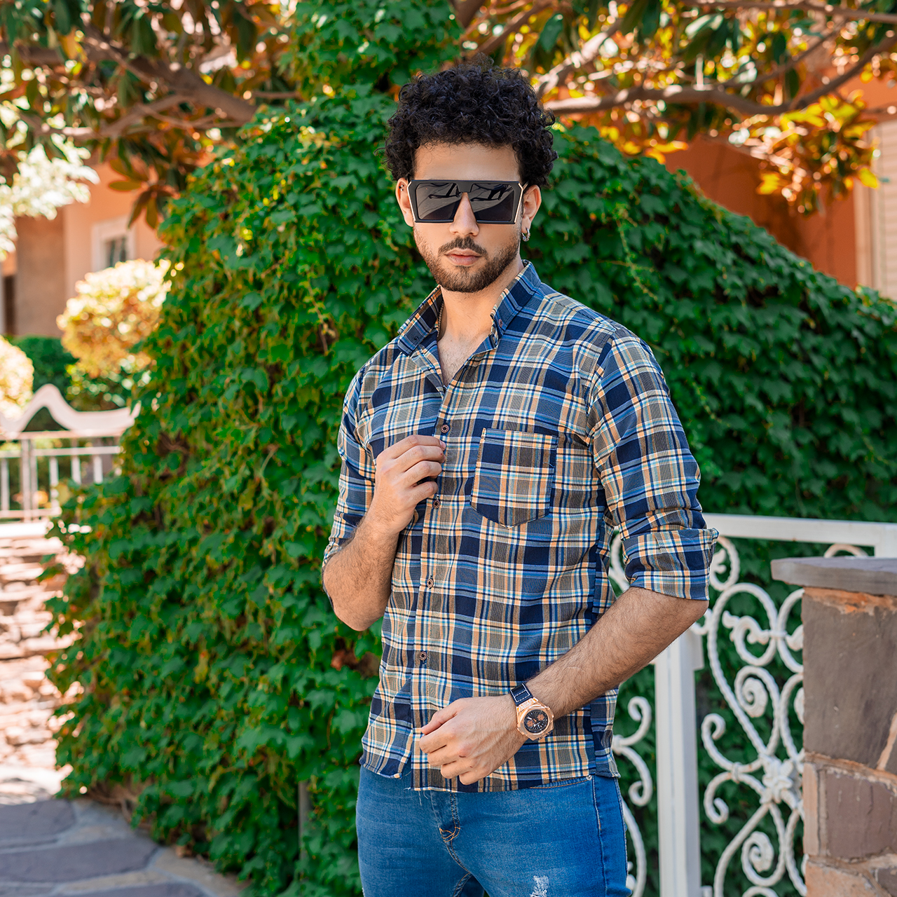 پیراهن چهارخونه مردانه آبی زرد مدل B14