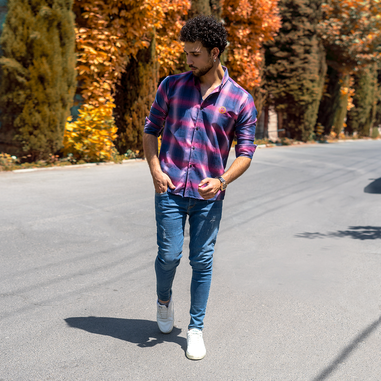 پیراهن چهارخونه مردانه سرمه ای صورتی مدل B16