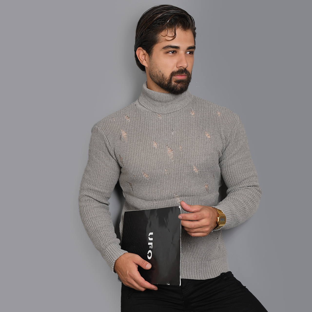 پلیور یقه اسکی کرم زاپ دار مردانه مدل U10