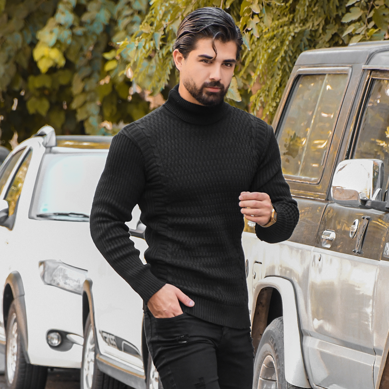 پلیور یقه اسکی مشکی طرح راه راه مردانه مدلT10