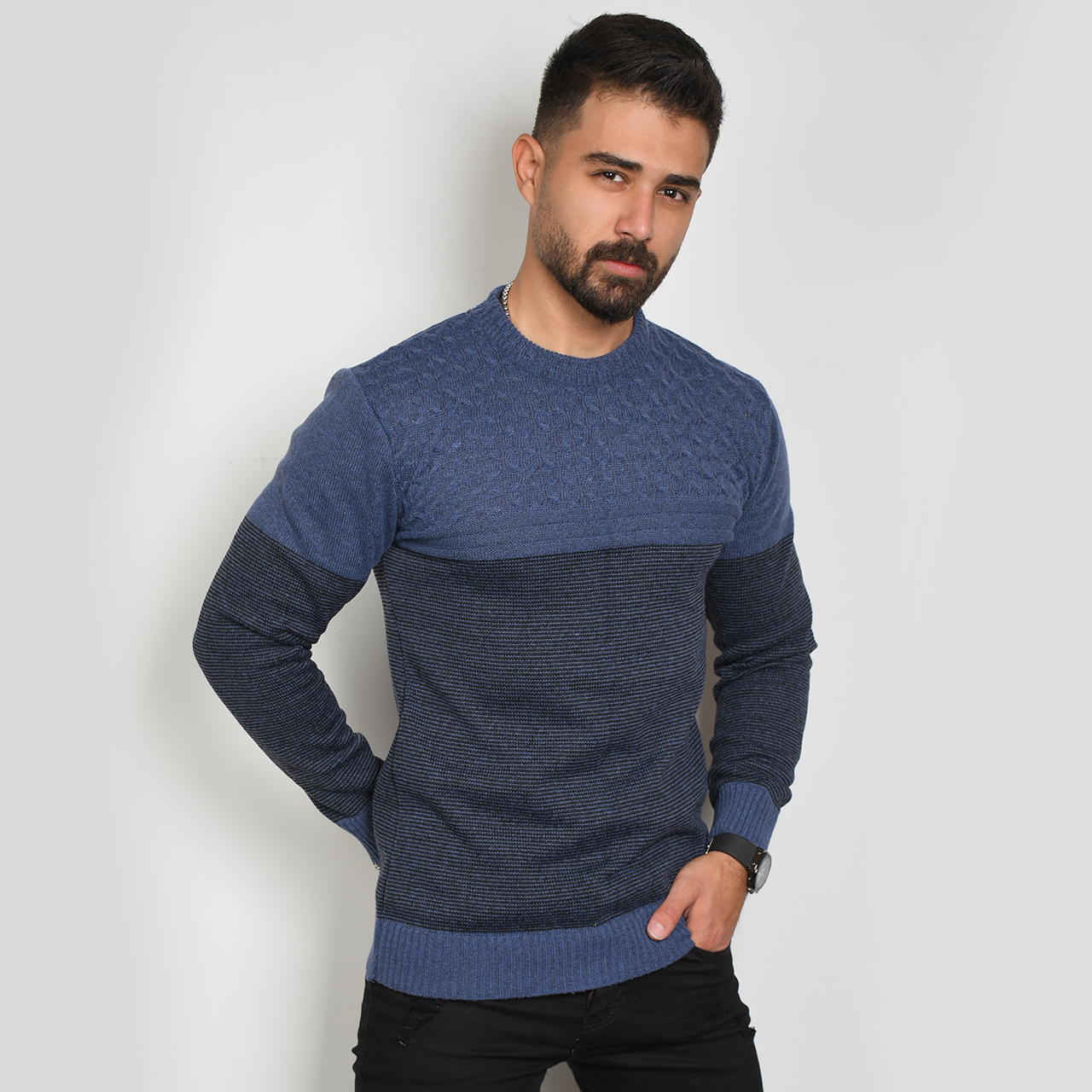 پلیور مردانه راه راه سرمه ای مدل navid