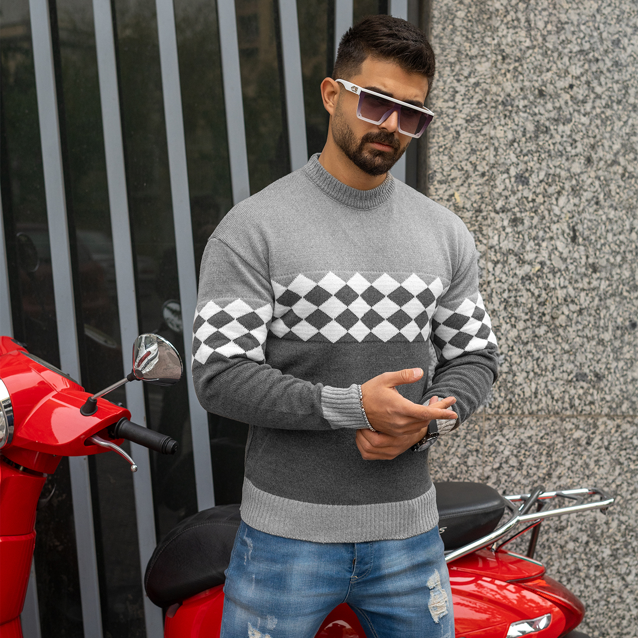 پلیور شطرنجی طوسی مردانه مدل U66