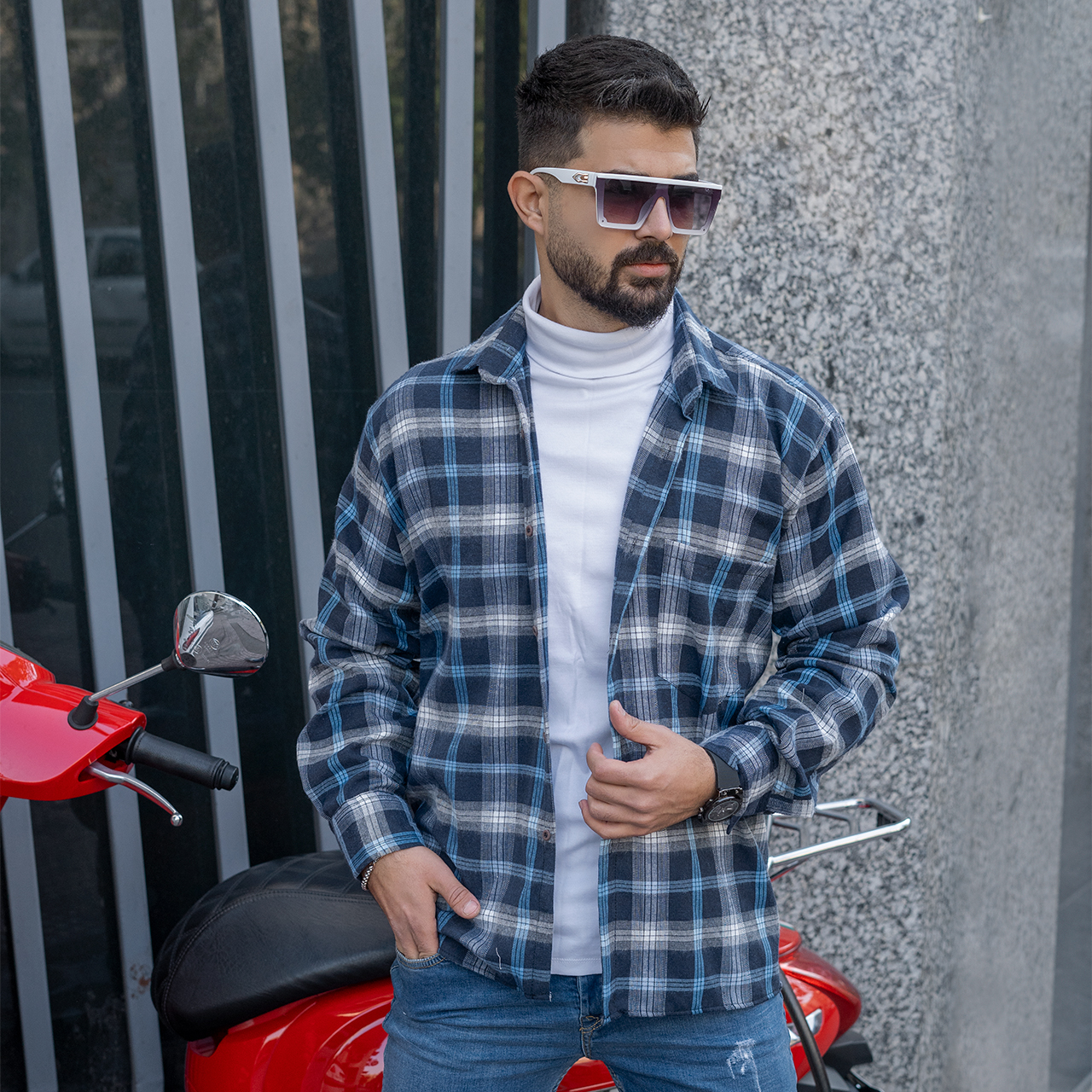 پیراهن مردانه چهارخونه آبی مدل BEHRAD