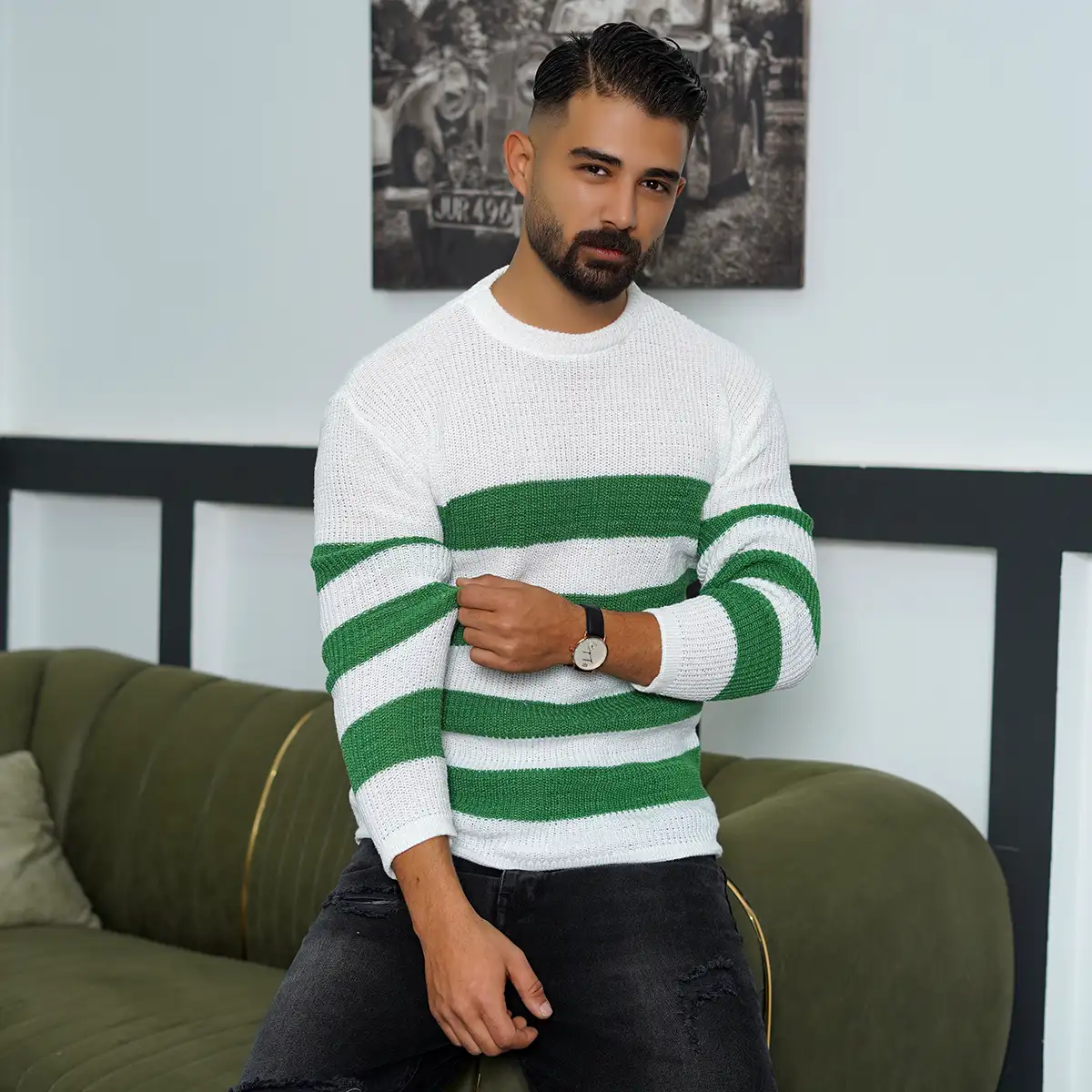 پلیور مردانه راه راه سفید سبز مدل Mahyad