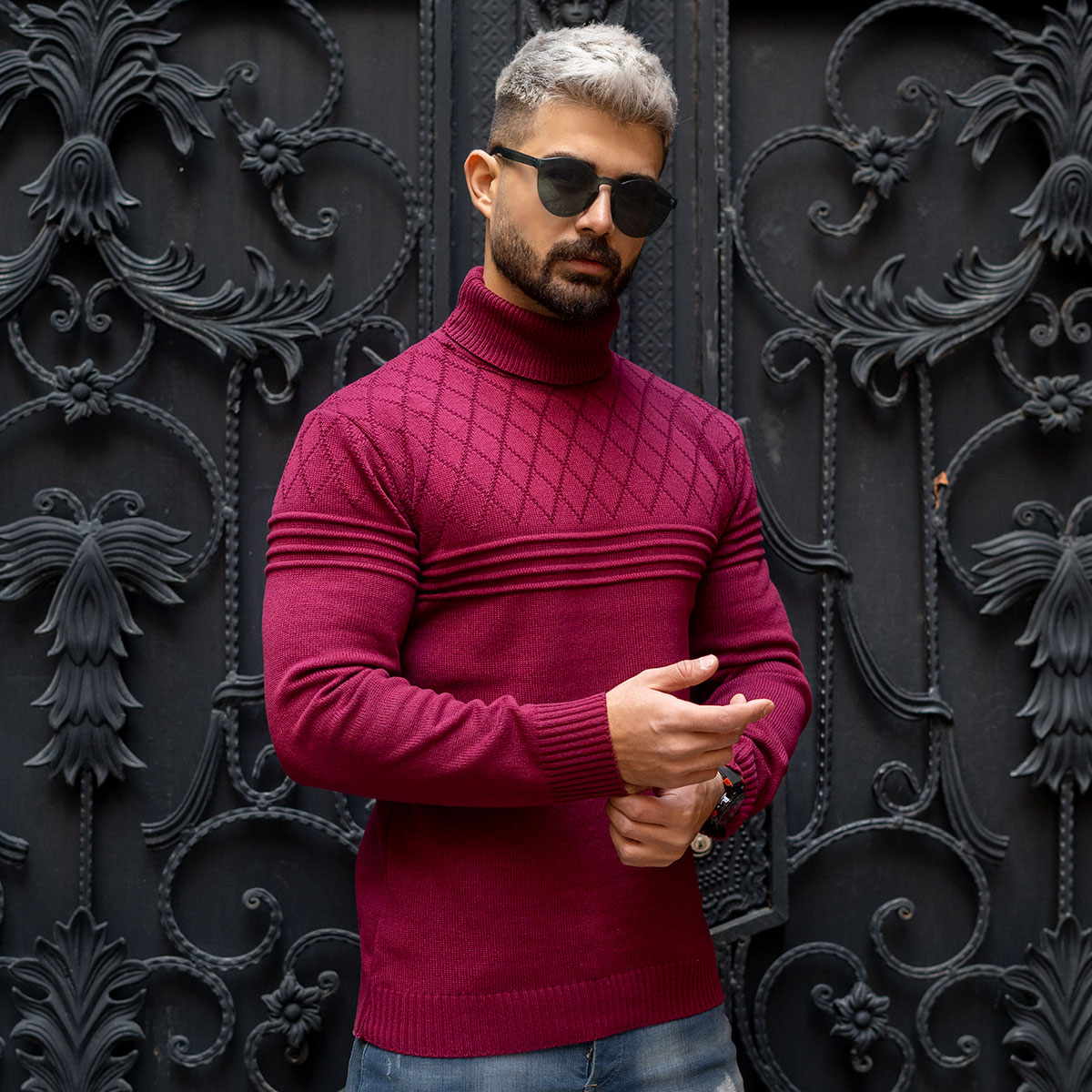 پلیور مردانه زرشکی طرح لوزی مدل Havash
