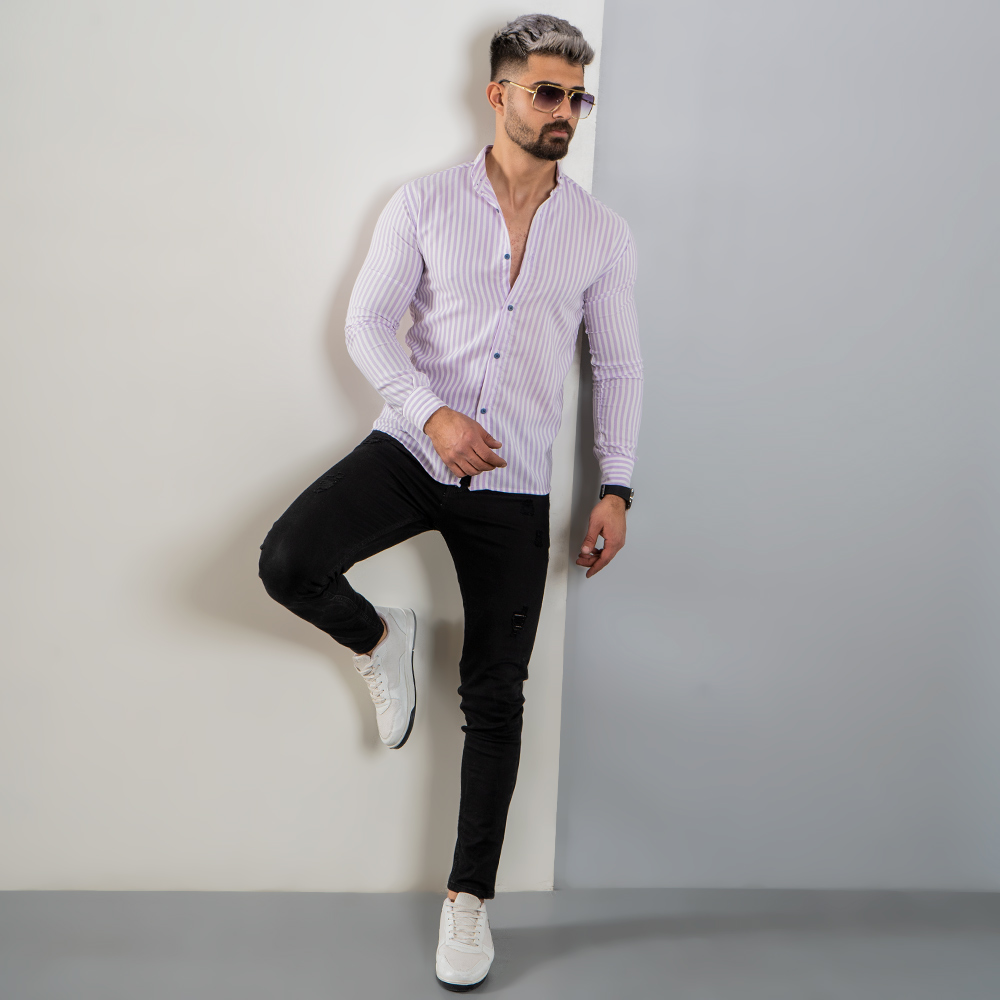 پیراهن راه راه سفید یاسی مردانه مدل HAMED