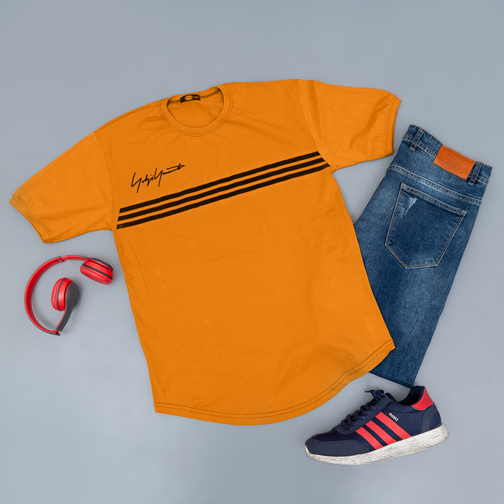 تیشرت مردانه سه خط خردلی مدل DENVER