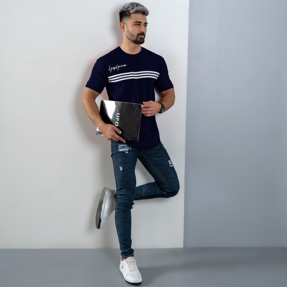 تیشرت مردانه سه خط سرمه ای مدل DENVER