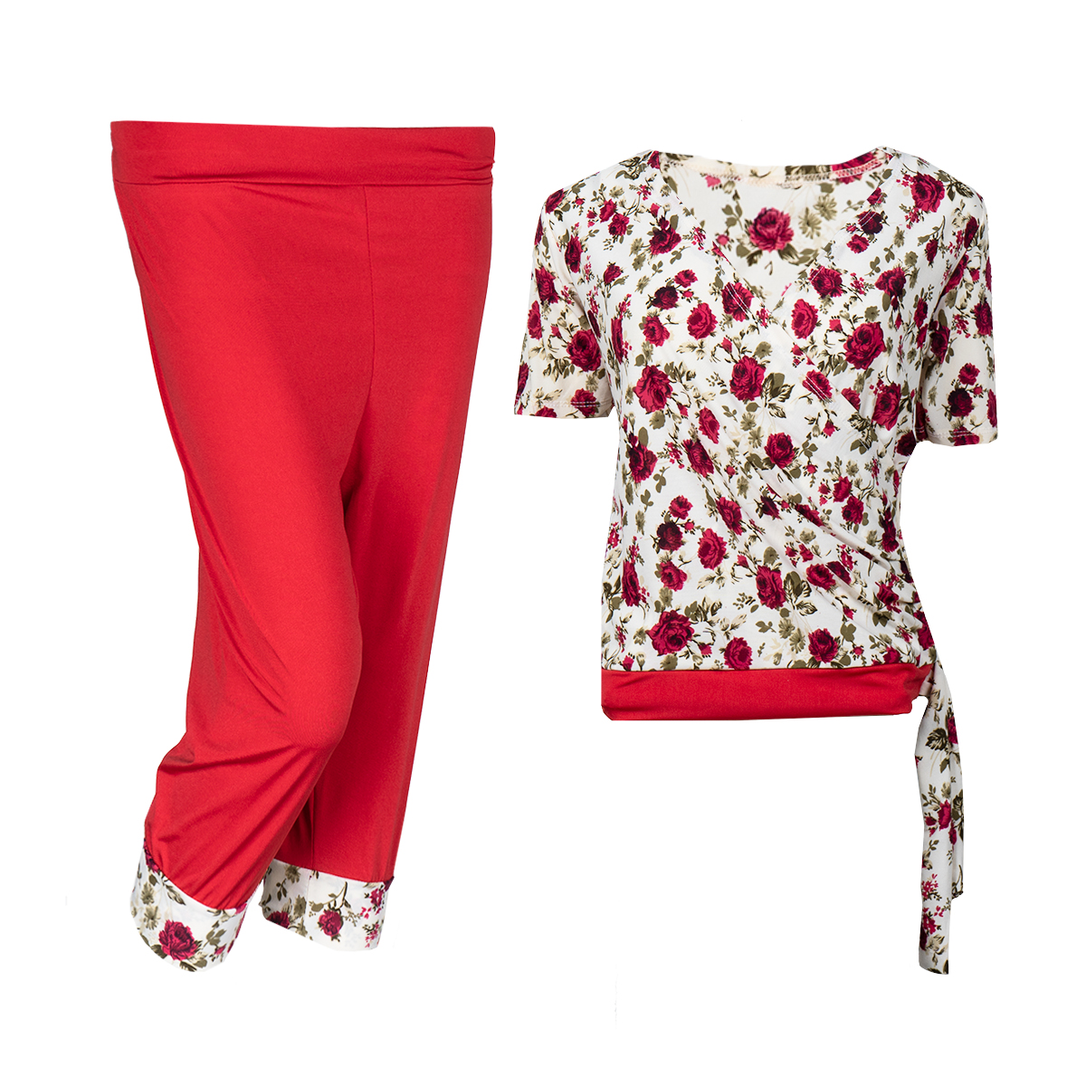 ست تیشرت شلوارک زنانه گل دار قرمز مدل ADELA