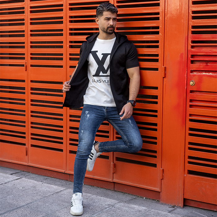 هودی مردانه مشکی سفید مدل LV