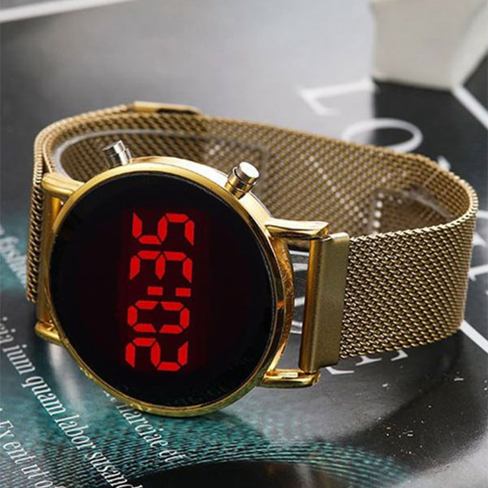 ساعت LED بند فلزی طلایی مدل Ronas