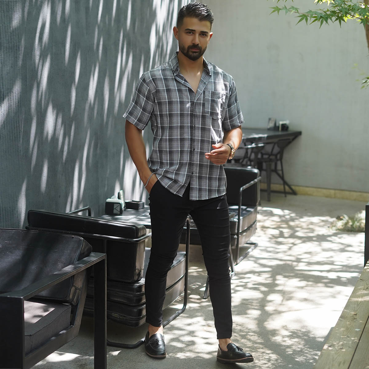 پیراهن آستین کوتاه مردانه ذغالی مدل Samyar