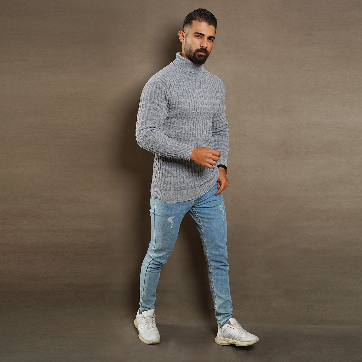 پلیوربافت مردانه طوسی یقه اسکی مدل Arad