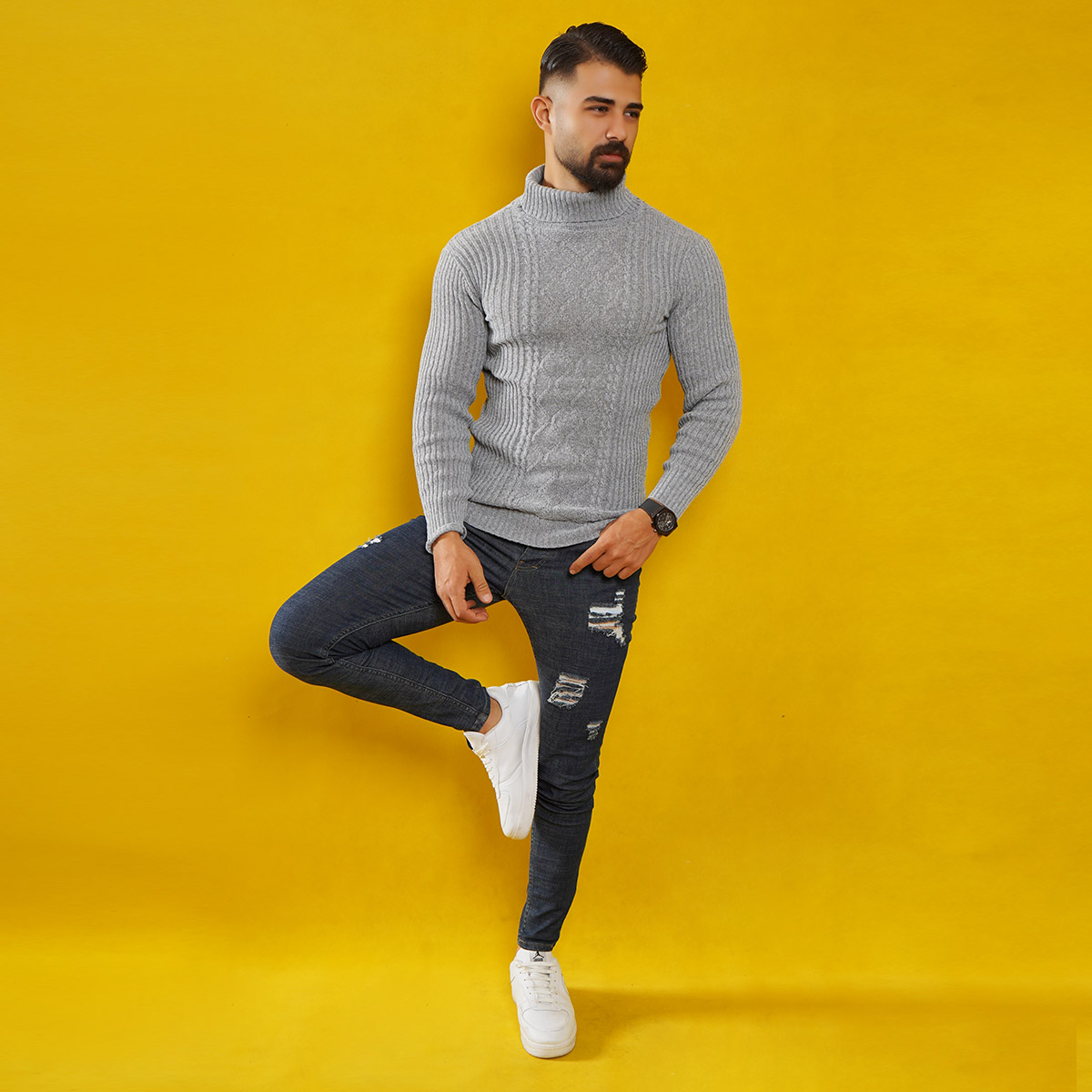 پلیوربافت مردانه طوسی یقه اسکی مدل Hakan