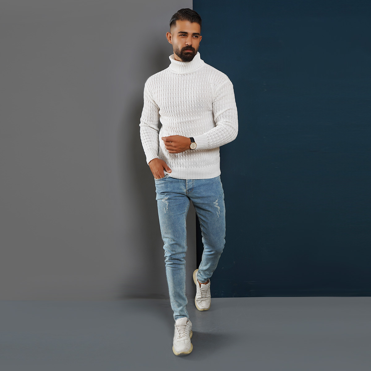 پلیوربافت مردانه سفید یقه اسکی مدل Pouyan