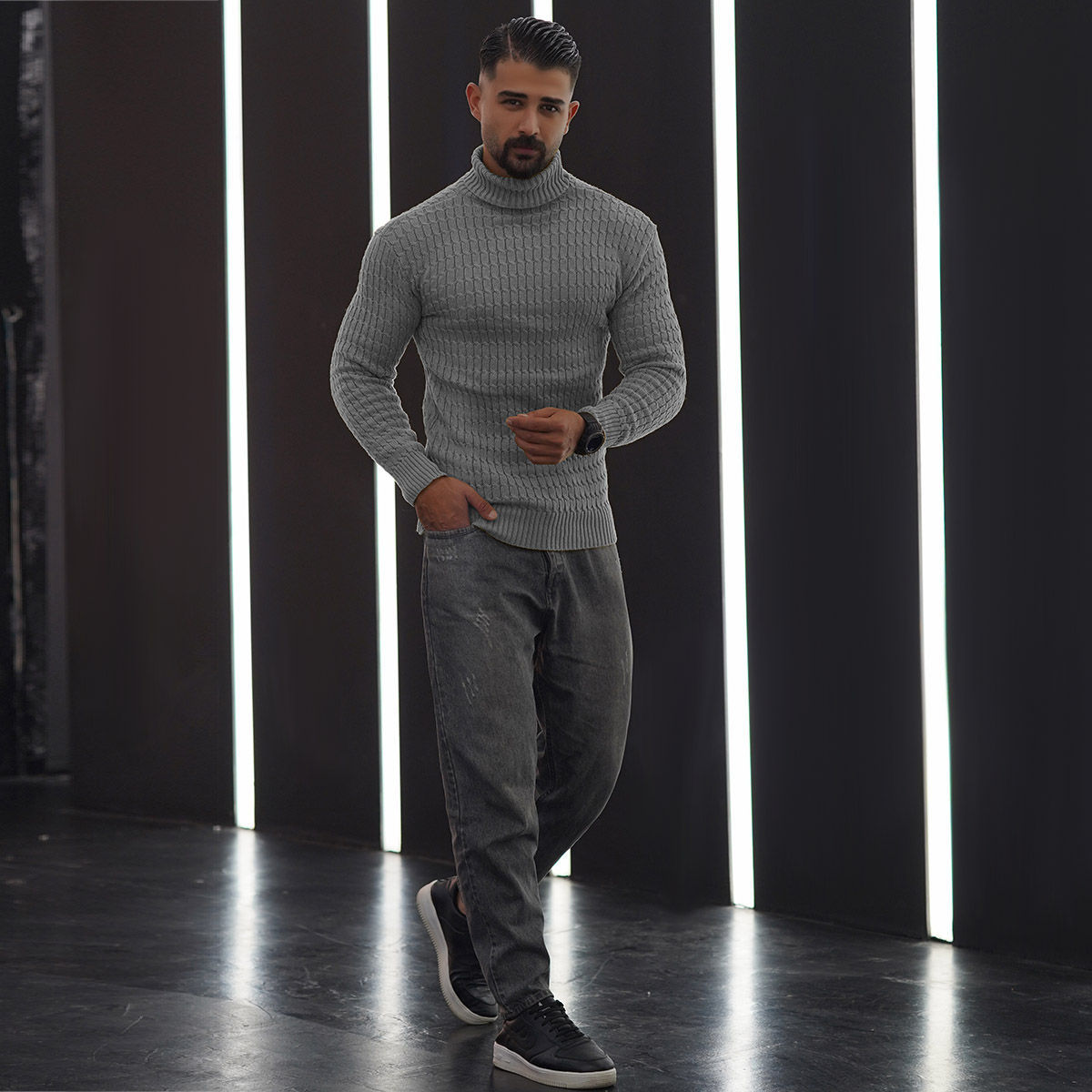 پلیوربافت مردانه طوسی یقه اسکی مدل Pouyan