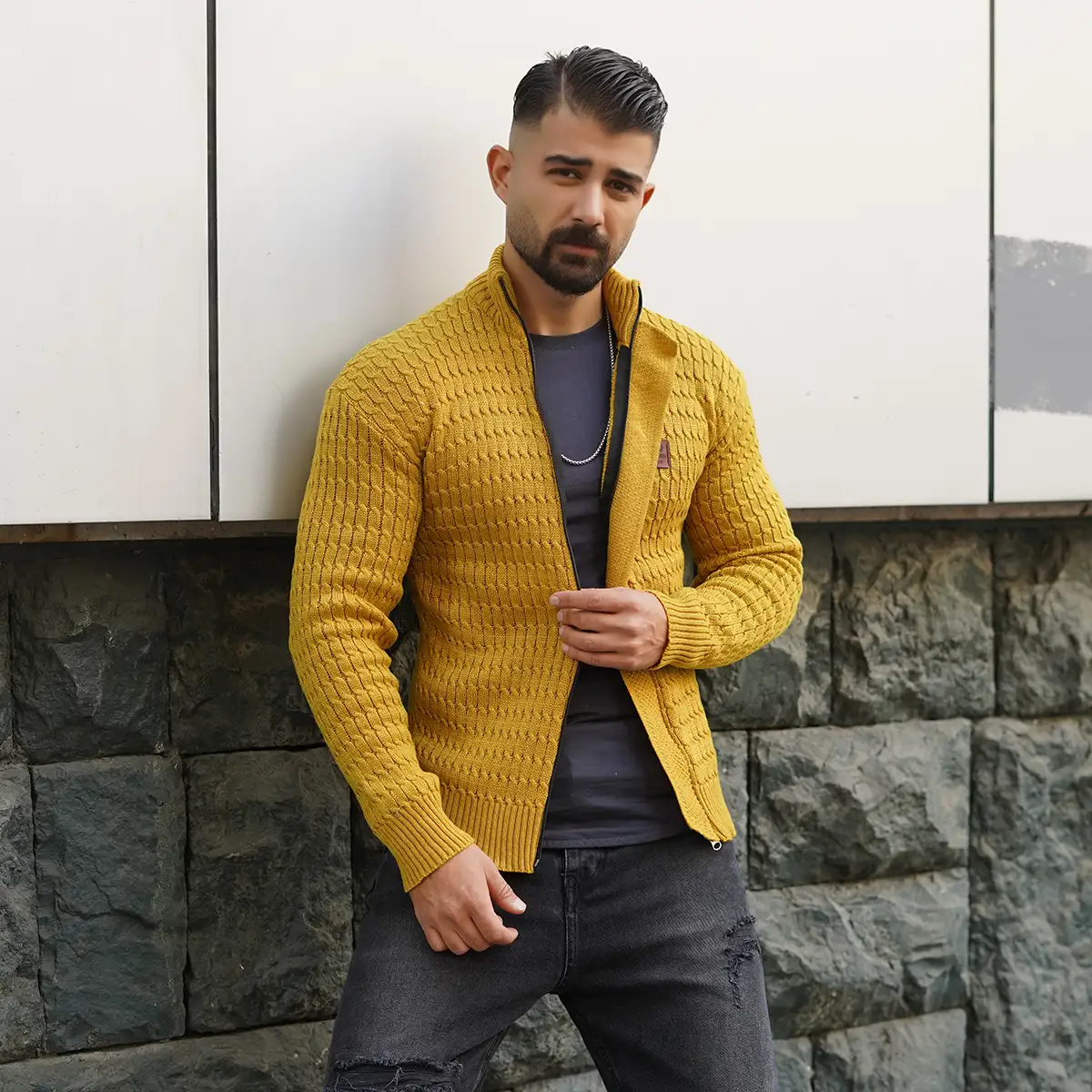 سوئیشرت بافت خردلی مردانه مدل OKSEN