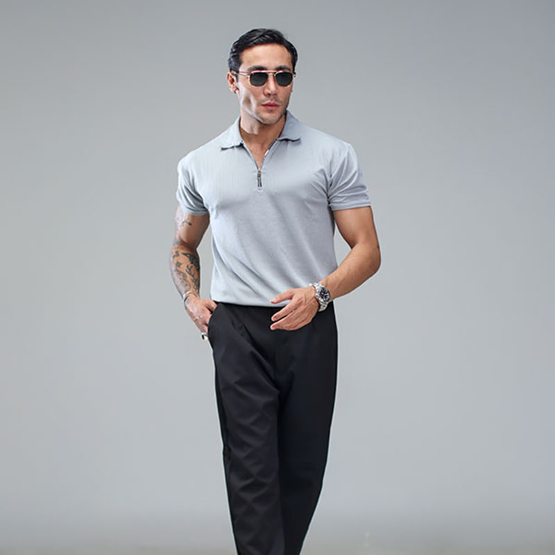 تیشرت مردانه یقه زیپ دار طوسی مدل Arban