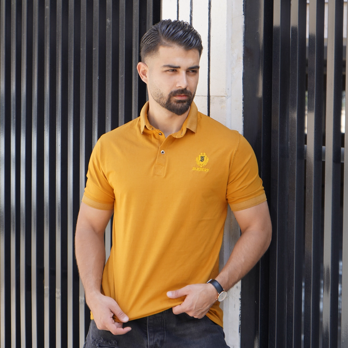 تیشرت یقه دار خردلی مردانه مدل Taha