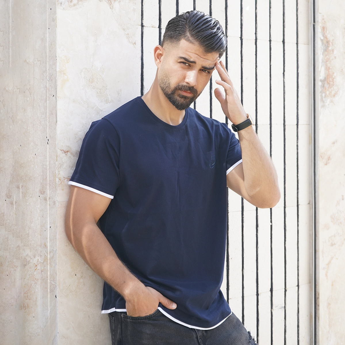 تیشرت یقه گرد سرمه ای مردانه مدل kamyar