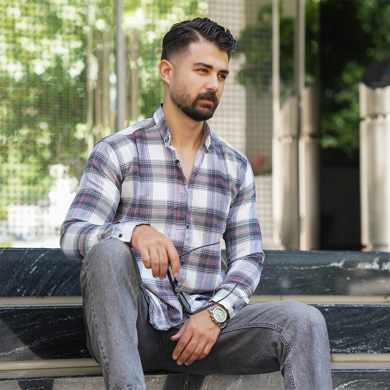 پیراهن چهارخونه سفید قرمز مردانه مدل Sany